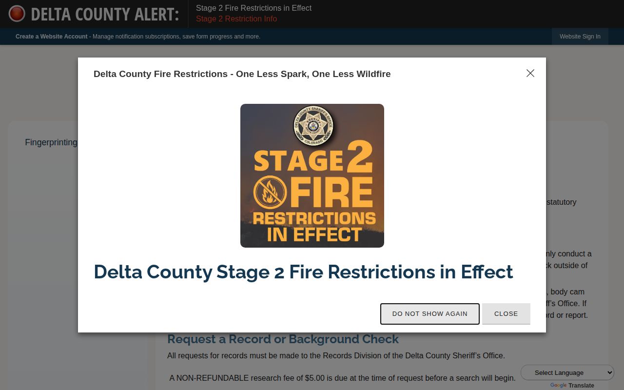 Delta County Sheriff's Records Management release record request page