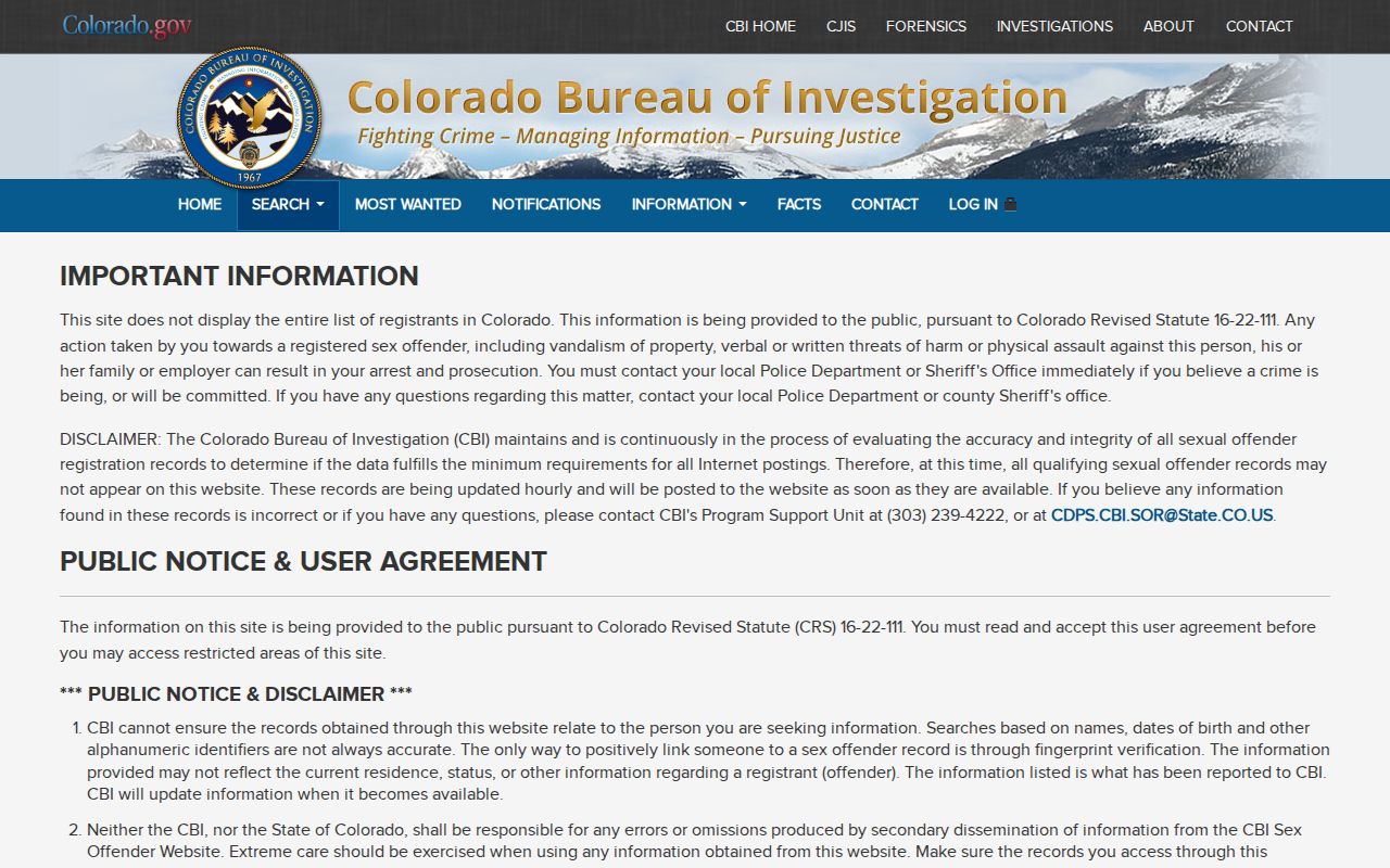 CBI registry source for limited Delta County released inmate photo records